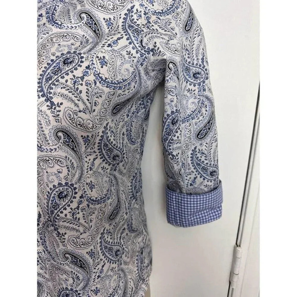 Chaps Blue & White Paisley contrast sleeves no iron Shirt size small #0944 - Picture 3 of 7